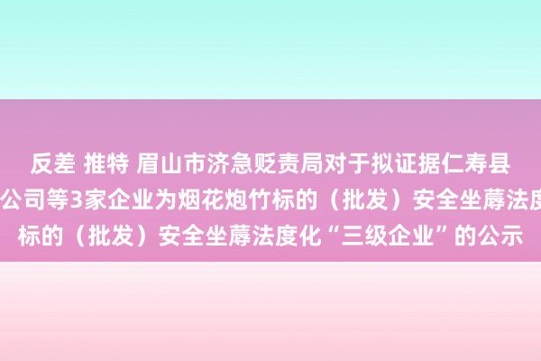 反差 推特 眉山市济急贬责局对于拟证据仁寿县民庆烟花炮竹连锁有限公司等3家企业为烟花炮竹标的（批发）安全坐蓐法度化“三级企业”的公示